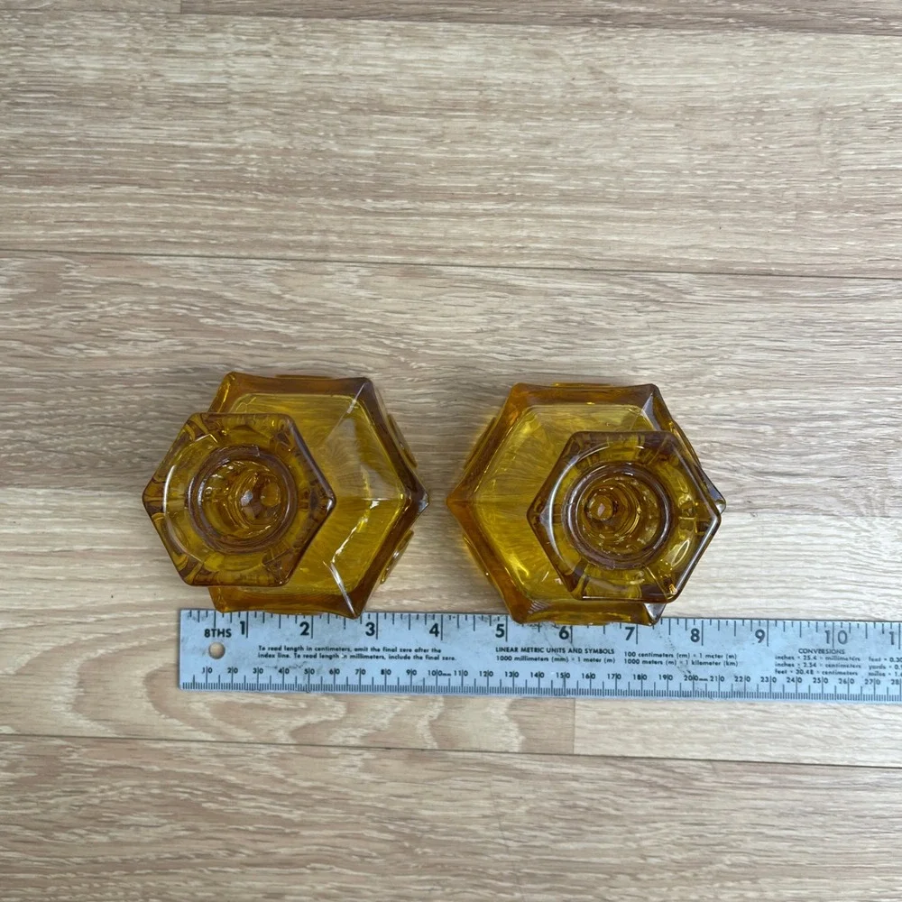 Vintage Amber Glass Hexagon Coin Candlestick Holders Liberty Bell Set of 2 4.5
